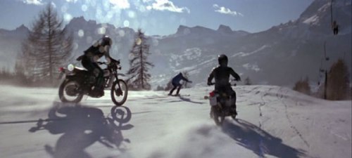 Motorcycle ski chase shootout. All done for real.